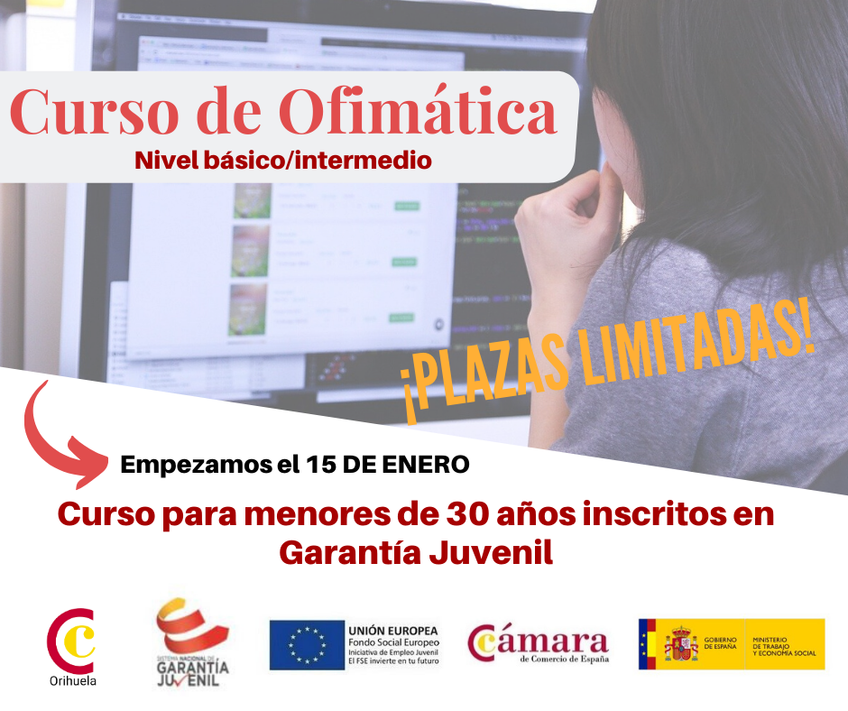 Imagen con información acerca de los cursos de ofimática ofertados por cámara orihuela